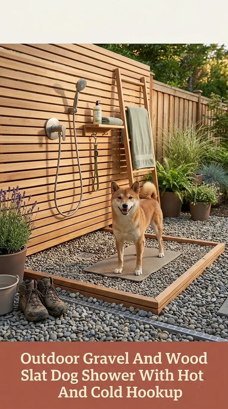 Outdoor Gravel And Wood Slat Dog Shower With Hot And Cold Hookup