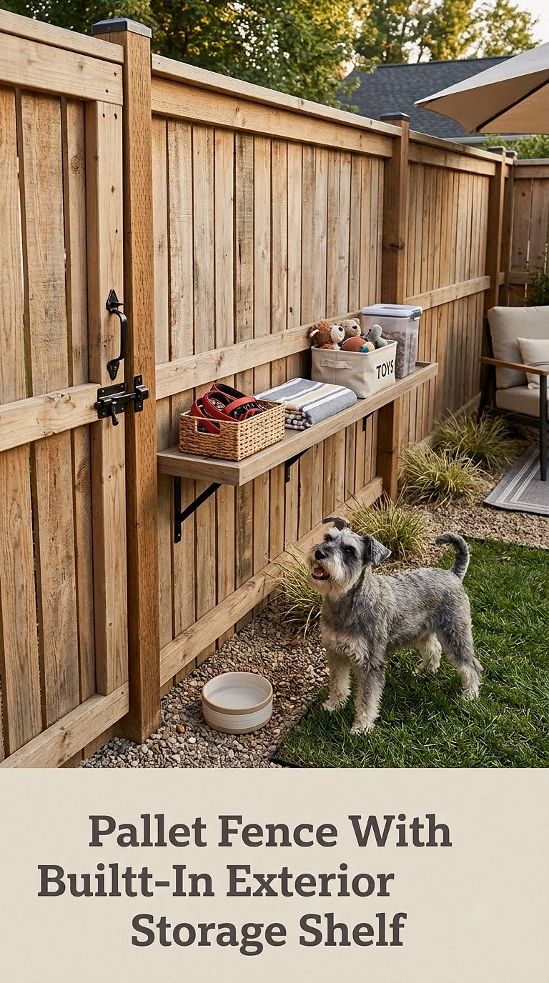 Pallet Fence With Built-In Exterior Storage Shelf