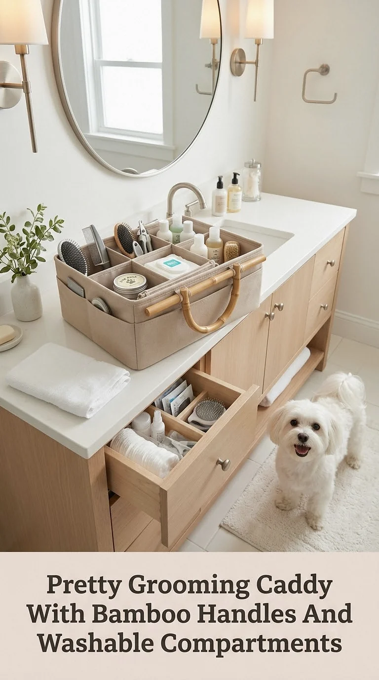 Pretty Grooming Caddy With Bamboo Handles And Washable Compartments