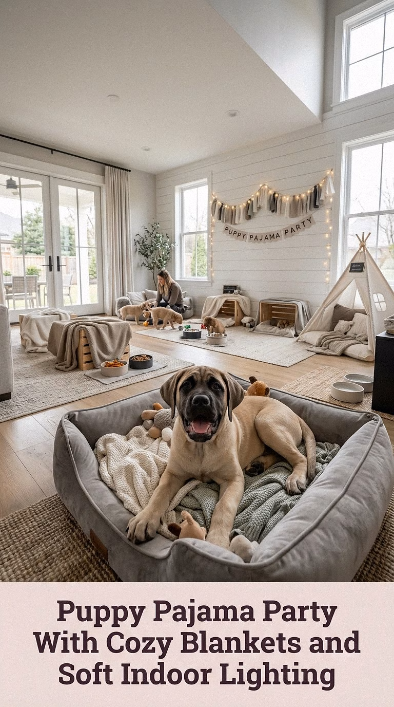 Puppy Pajama Party With Cozy Blankets and Soft Indoor Lighting