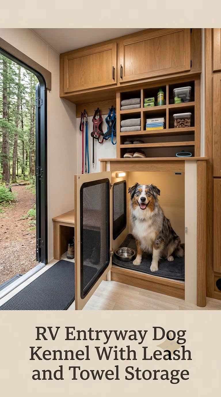 RV Entryway Dog Kennel With Leash and Towel Storage