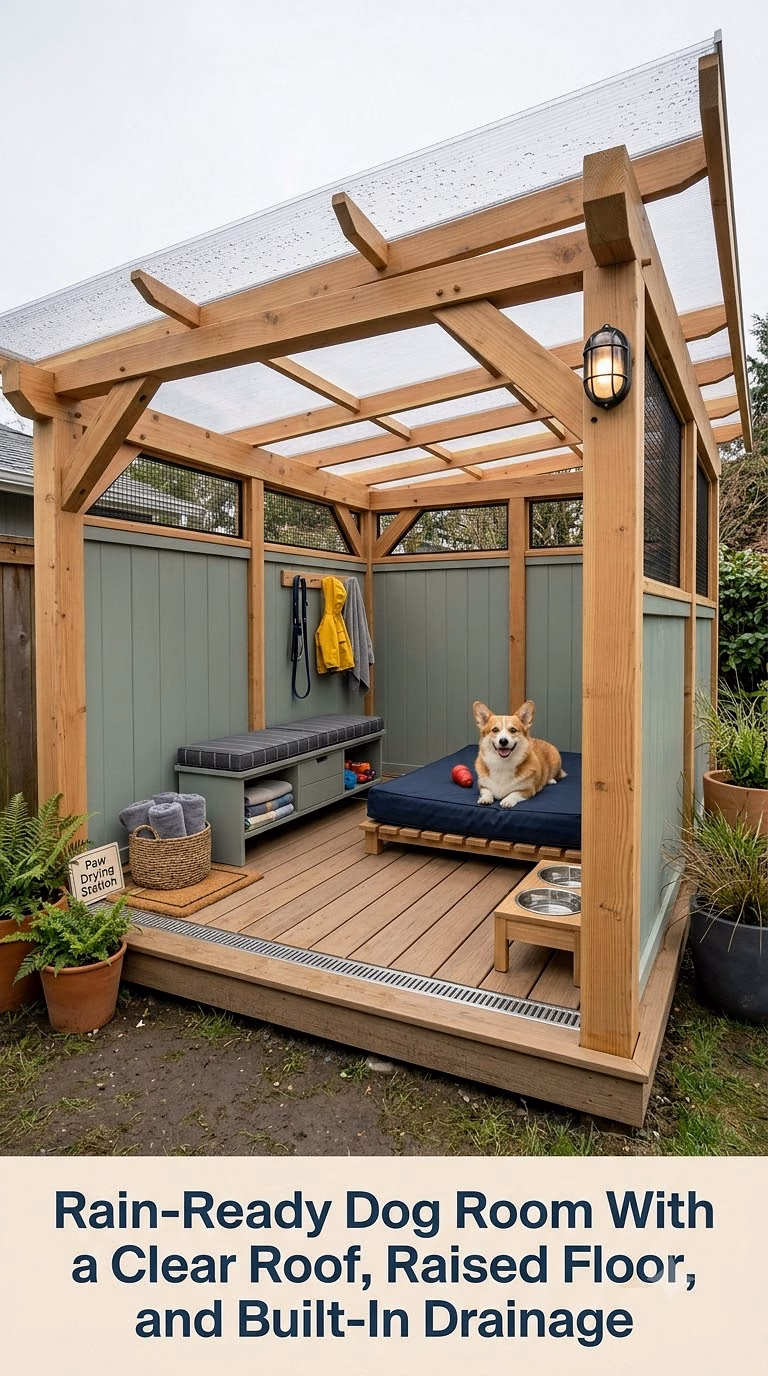 13. Rain-Ready Dog Room With a Clear Roof, Raised Floor, and Built-In Drainage