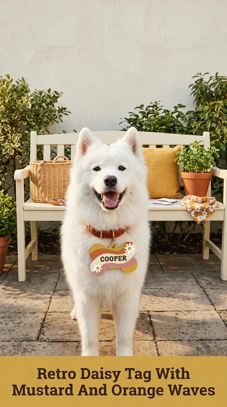 Retro Daisy Tag With Mustard And Orange Waves