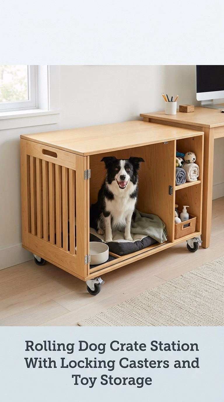 Rolling Dog Crate Station With Locking Casters and Toy Storage