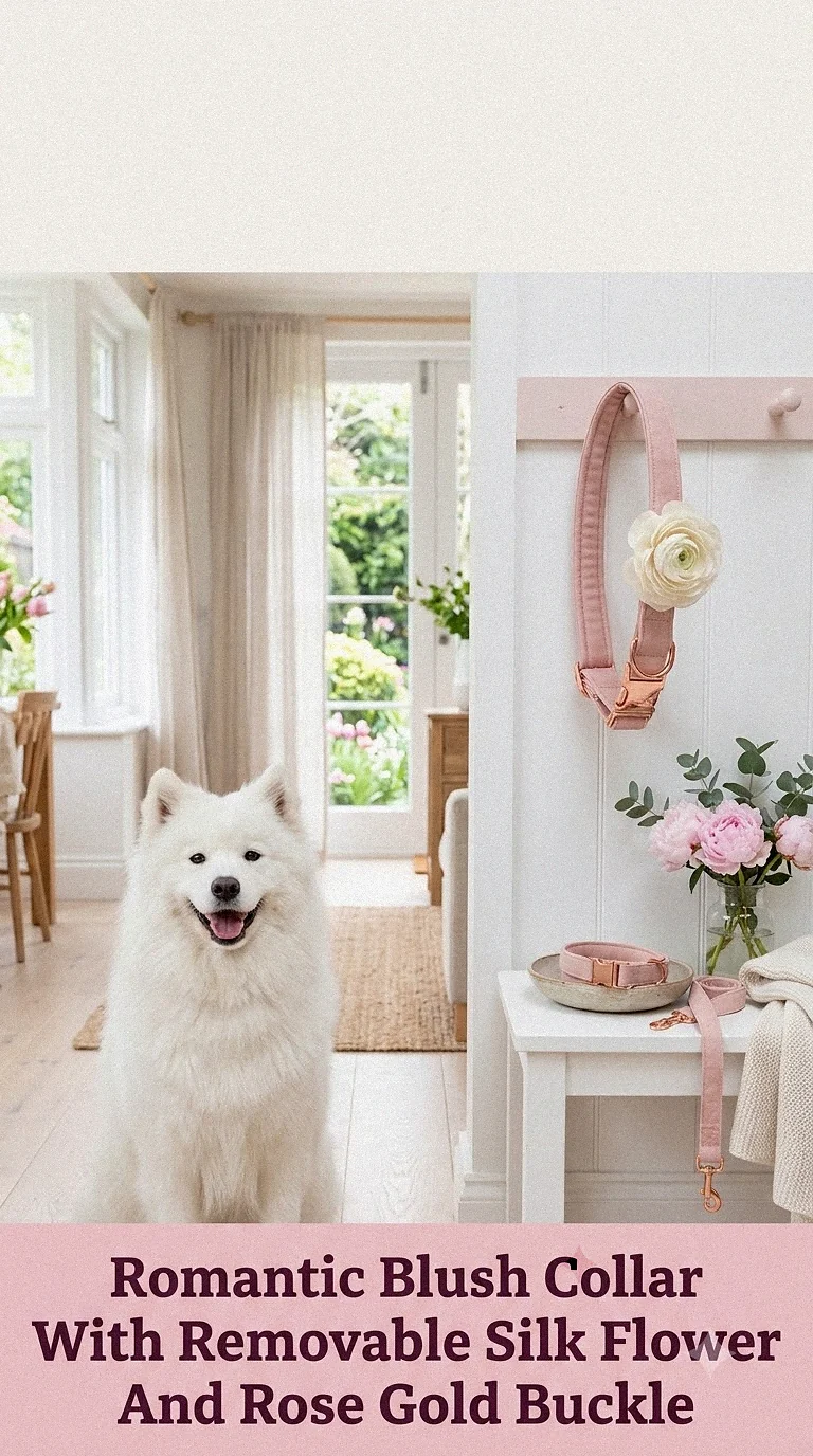 Romantic Blush Collar With Removable Silk Flower And Rose Gold Buckle