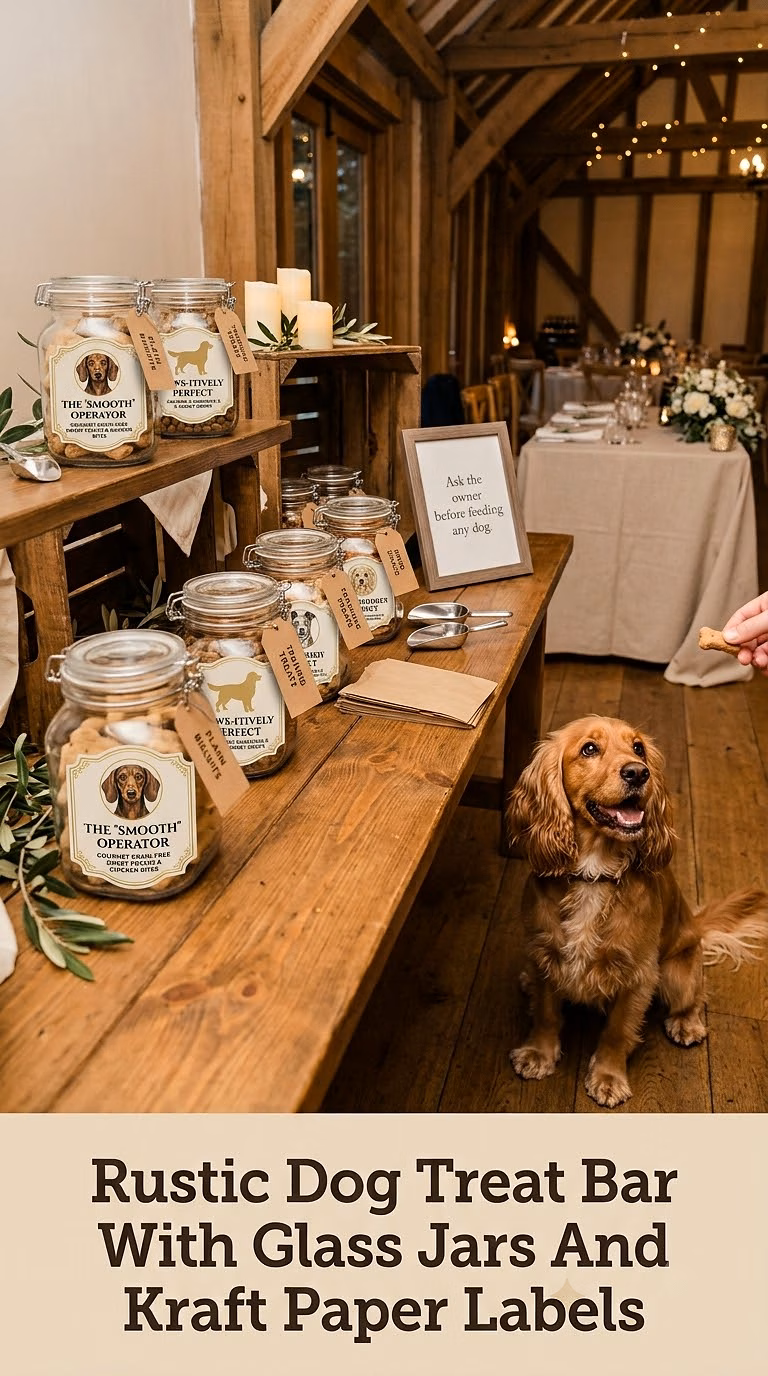 Rustic Dog Treat Bar With Glass Jars And Kraft Paper Labels