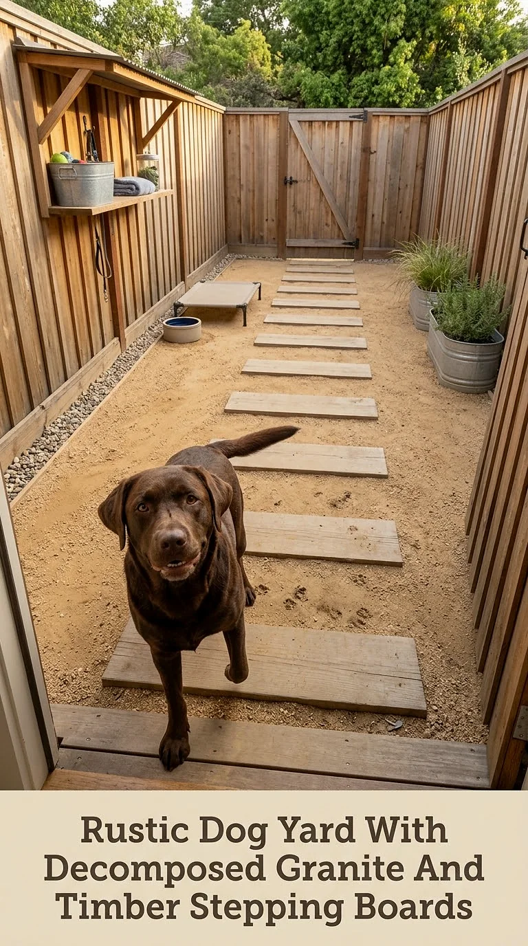 Rustic Dog Yard With Decomposed Granite And Timber Stepping Boards