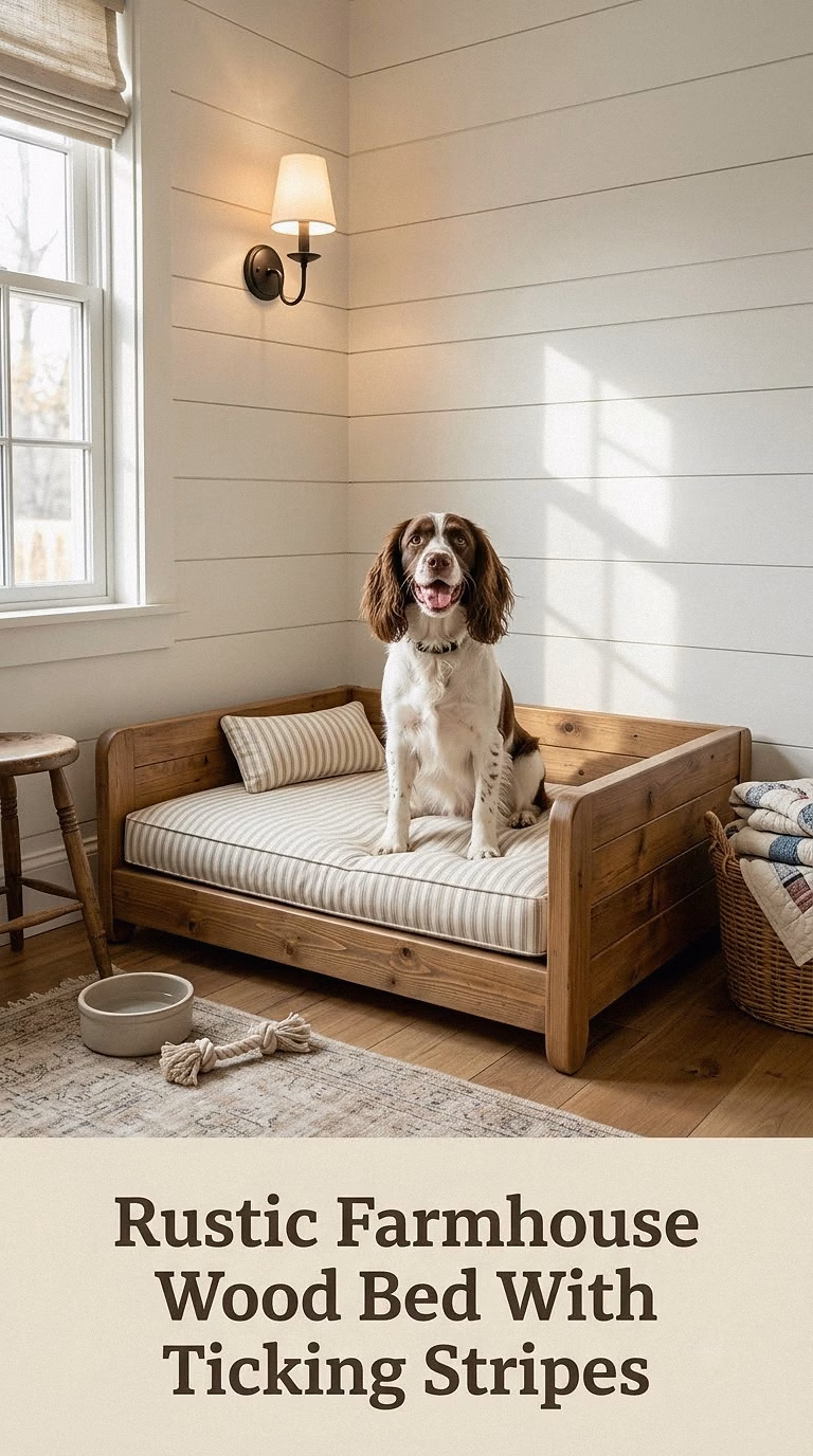 Rustic Farmhouse Wood Bed With Cream Ticking Stripes