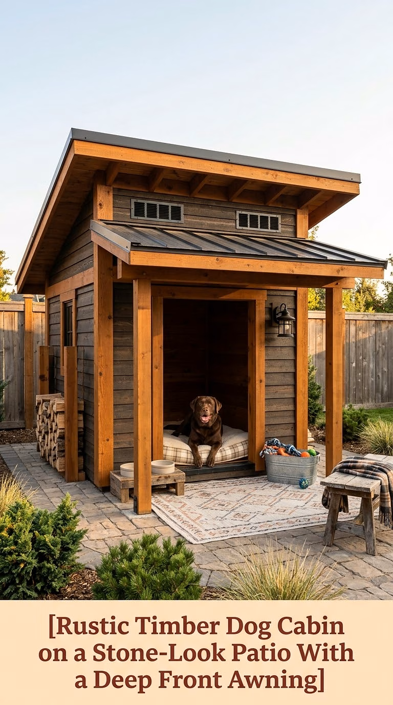 Rustic Timber Dog Cabin on a Stone-Look Patio With a Deep Front Awning