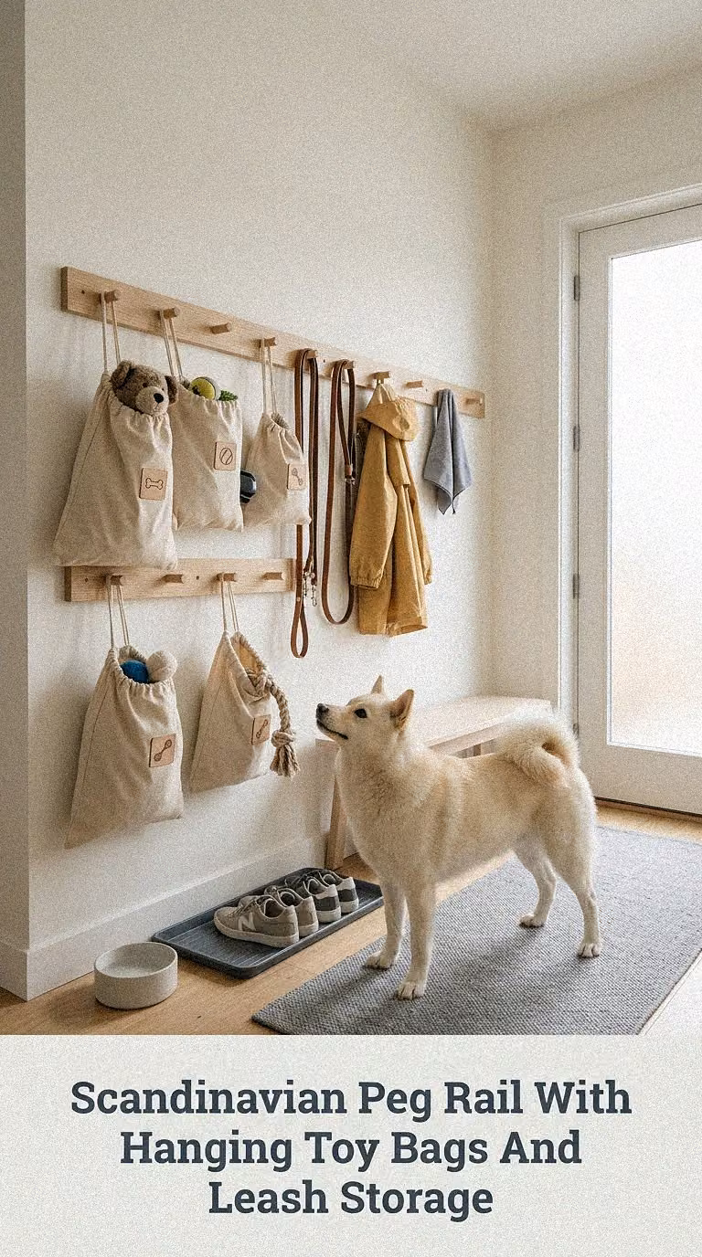 Scandinavian Peg Rail With Hanging Toy Bags And Leash Storage