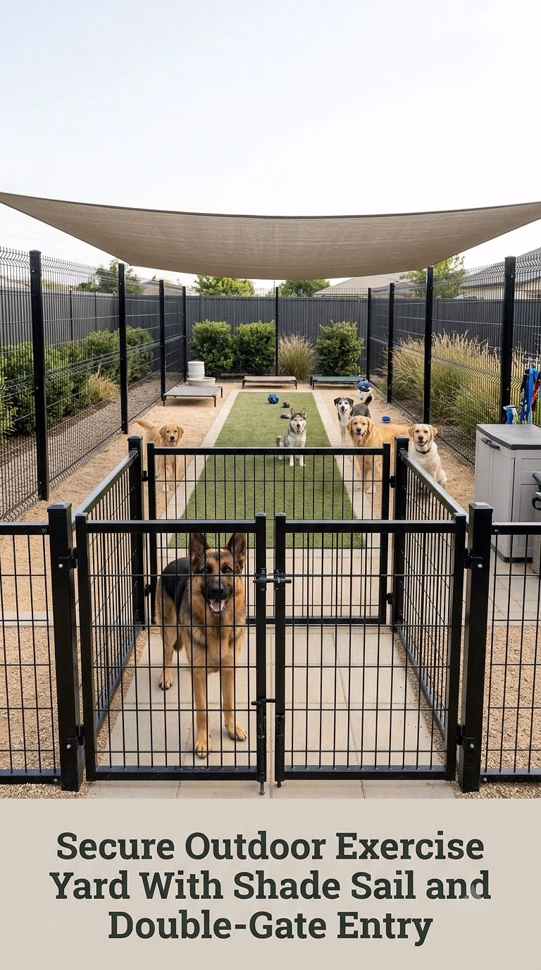 Secure Outdoor Exercise Yard With Shade Sail and Double-Gate Entry