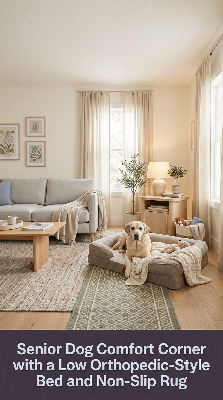 13. Senior Dog Comfort Corner with a Low Orthopedic-Style Bed and Non-Slip Rug