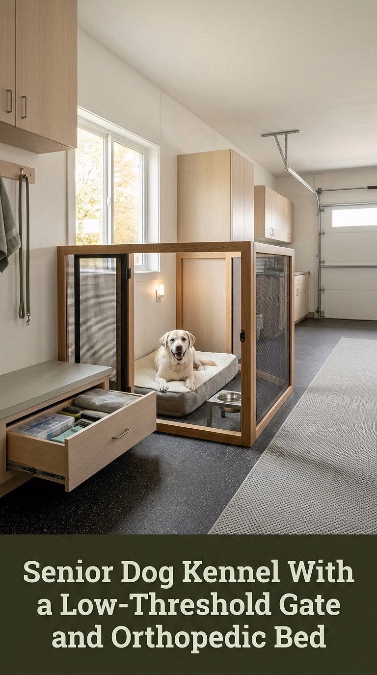 Senior Dog Kennel With a Low-Threshold Gate and Orthopedic Bed