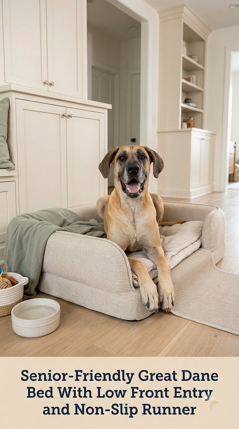 Senior-Friendly Great Dane Bed With Low Front Entry and Non-Slip Runner