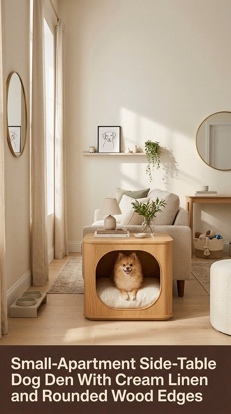 13. Small-Apartment Side-Table Dog Den With Cream Linen and Rounded Wood Edges