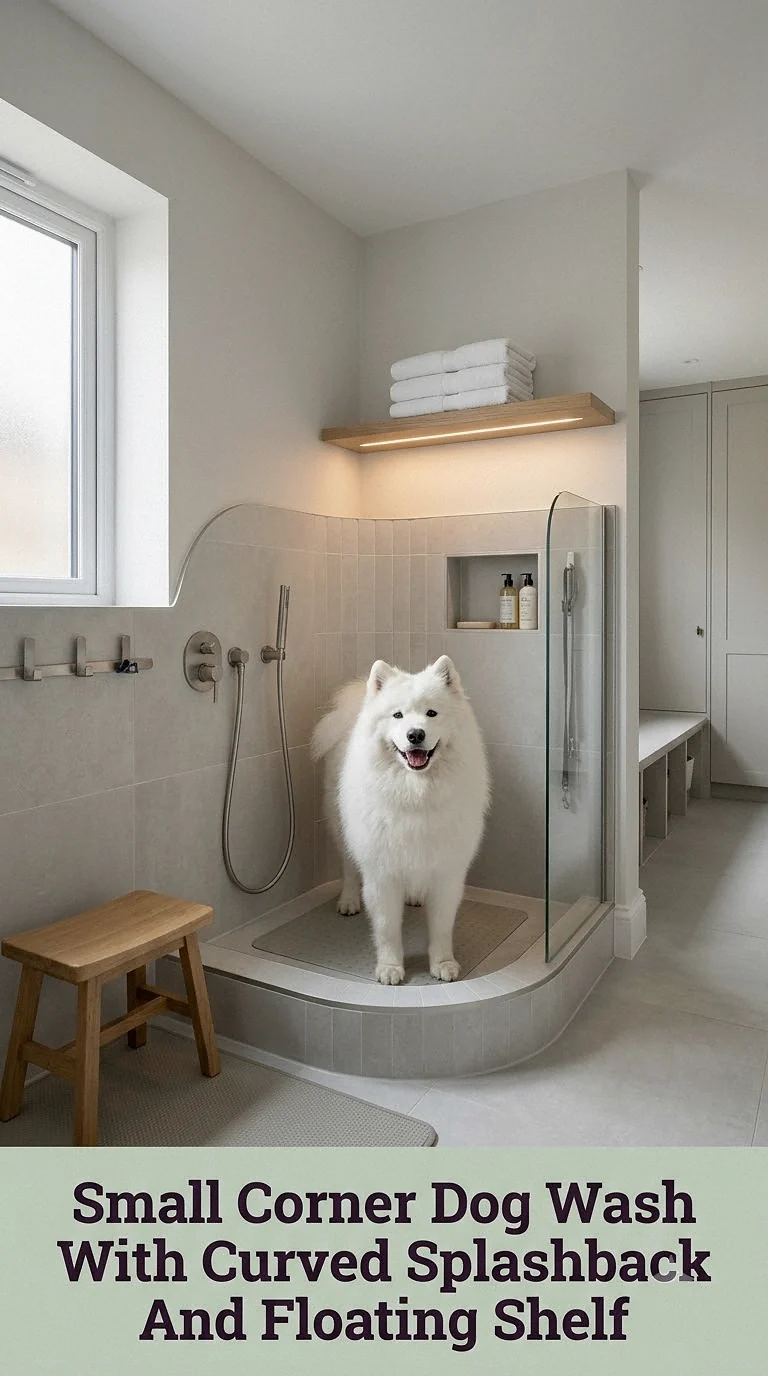 Small Corner Dog Wash With Curved Splashback And Floating Shelf