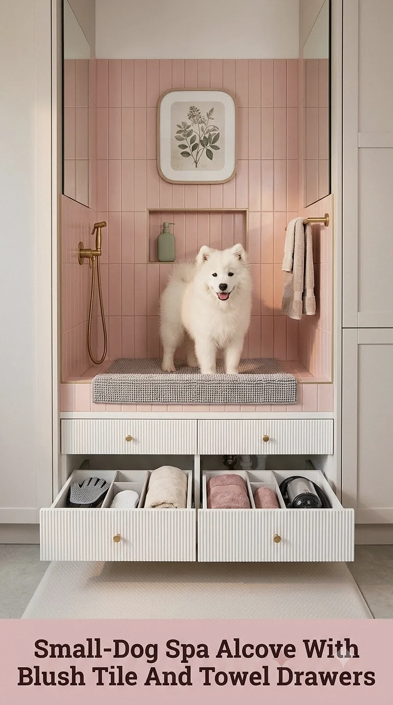 Small-Dog Spa Alcove With Blush Tile And Towel Drawers