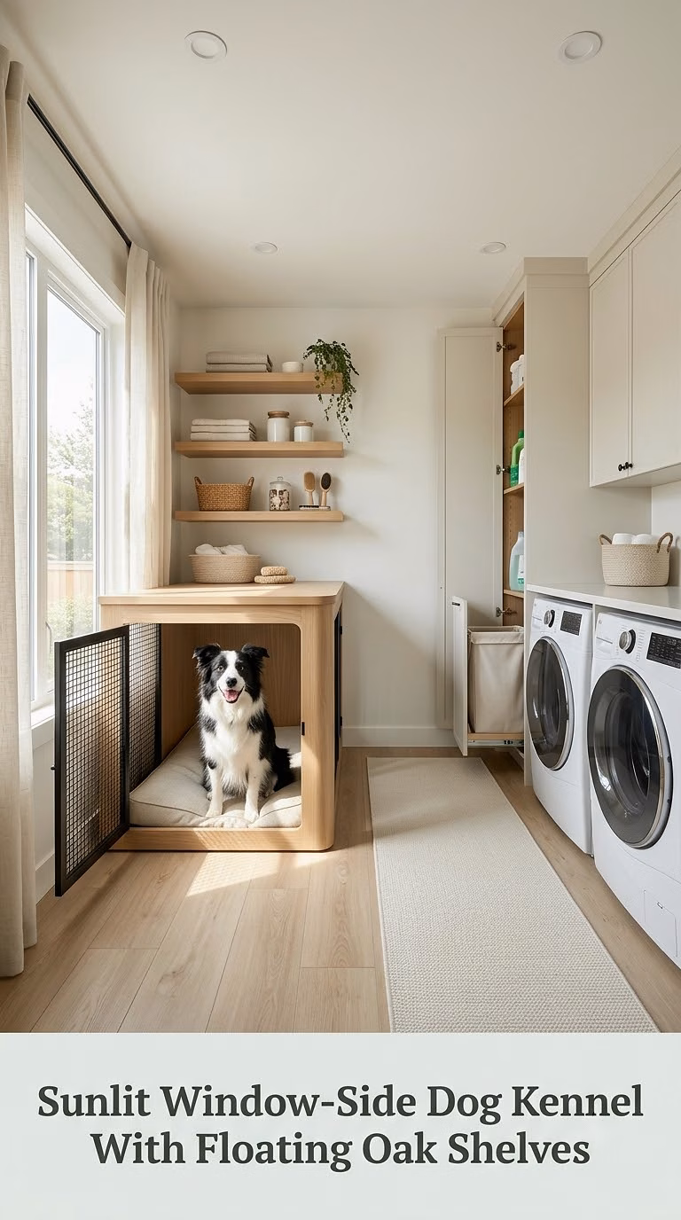 Sunlit Window-Side Dog Kennel With Floating Oak Shelves