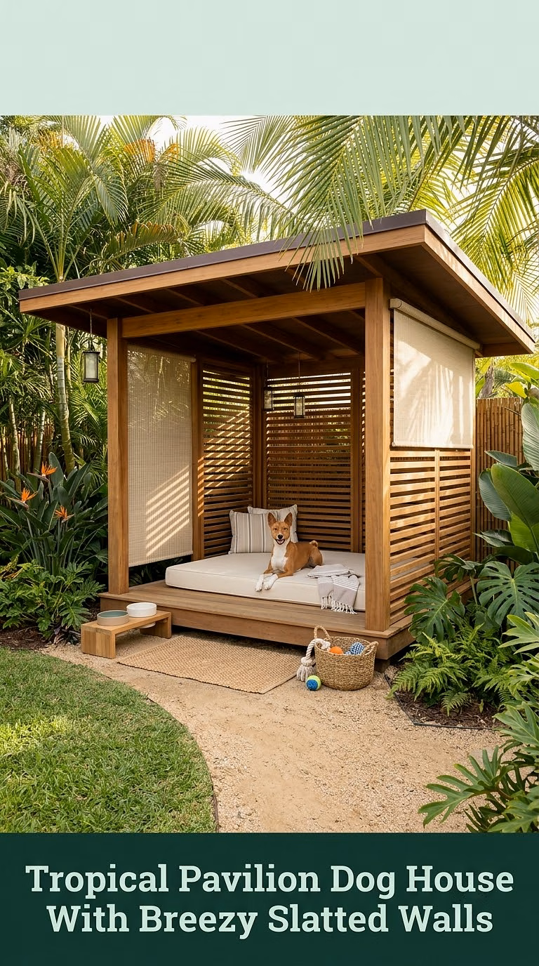 13. Tropical Pavilion Dog House With Breezy Slatted Walls