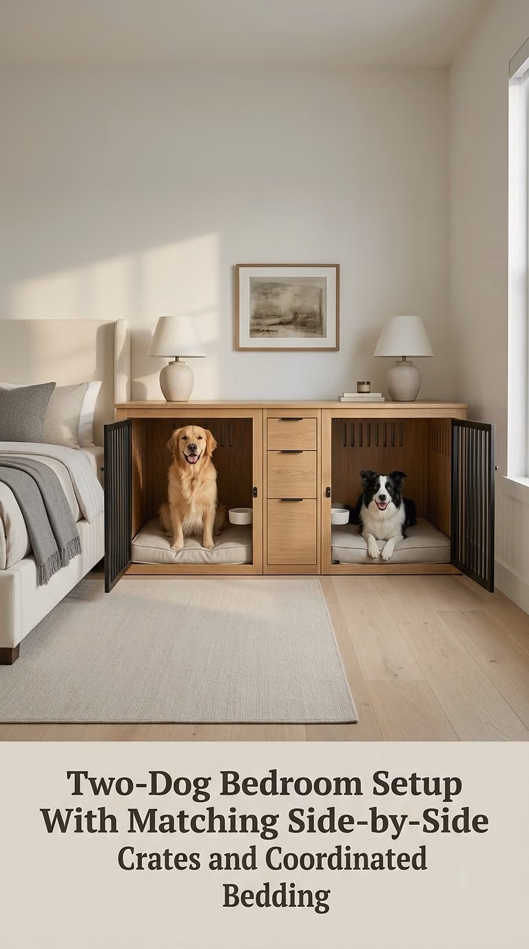 Two-Dog Bedroom Setup With Matching Side-by-Side Crates and Coordinated Bedding