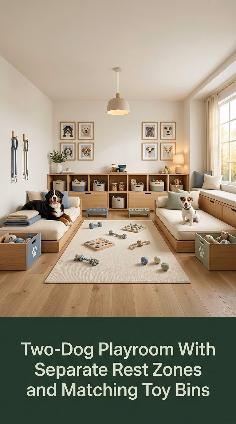 13. Two-Dog Playroom With Separate Rest Zones and Matching Toy Bins
