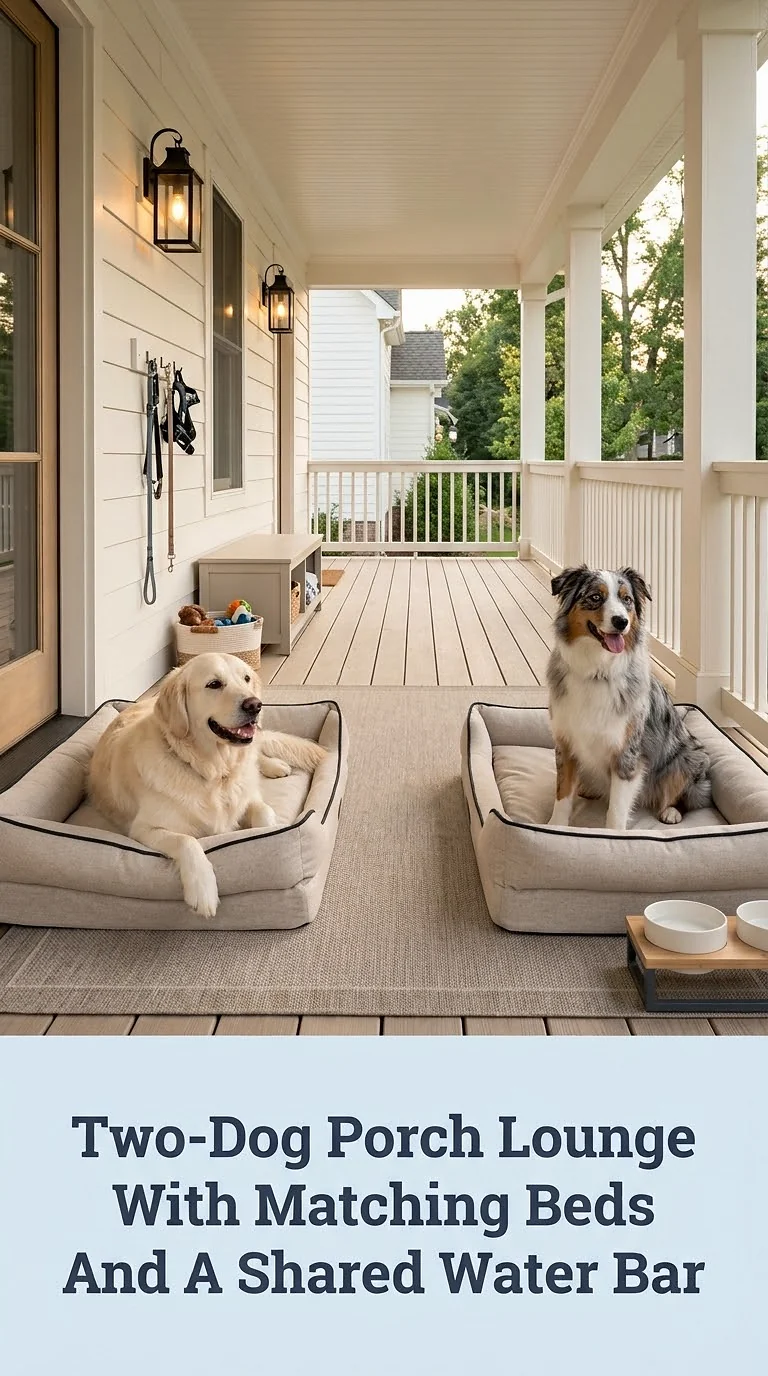 Two-Dog Porch Lounge With Matching Beds And A Shared Water Bar