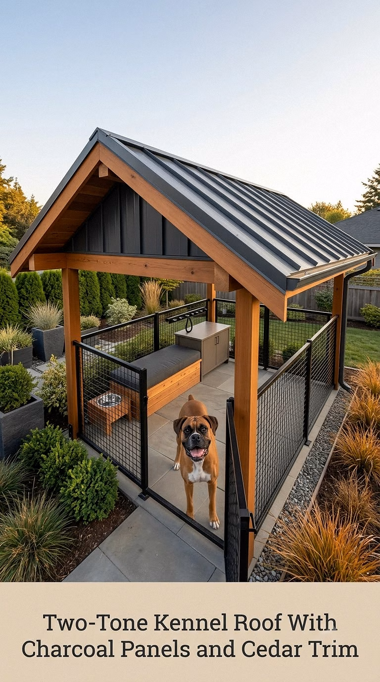 Two-Tone Kennel Roof With Charcoal Panels and Cedar Trim