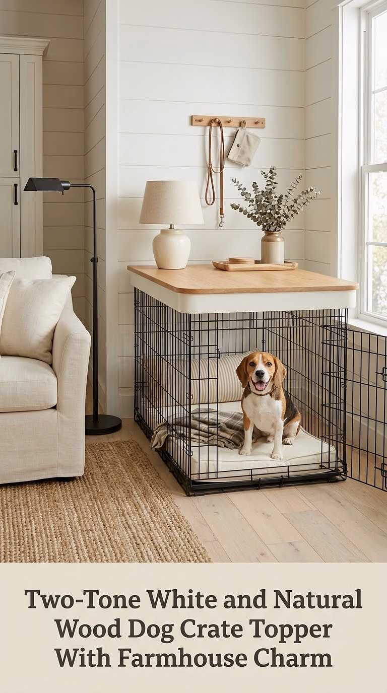 Two-Tone White and Natural Wood Dog Crate Topper With Farmhouse Charm