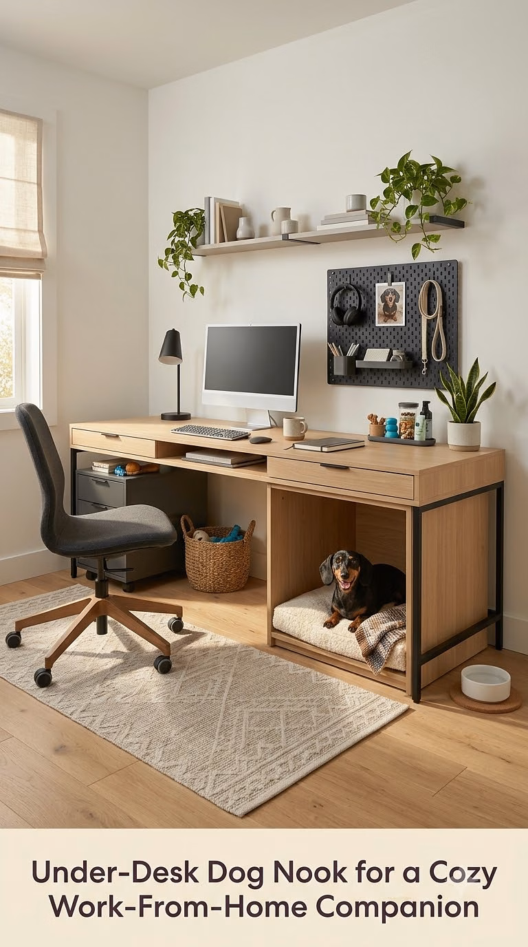 13. Under-Desk Dog Nook for a Cozy Work-From-Home Companion