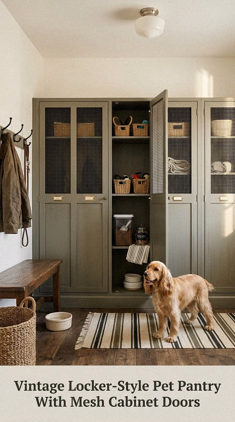Vintage Locker-Style Pet Pantry With Mesh Cabinet Doors