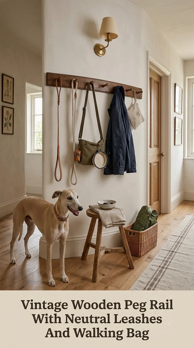 Vintage Wooden Peg Rail With Neutral Leashes And Walking Bag