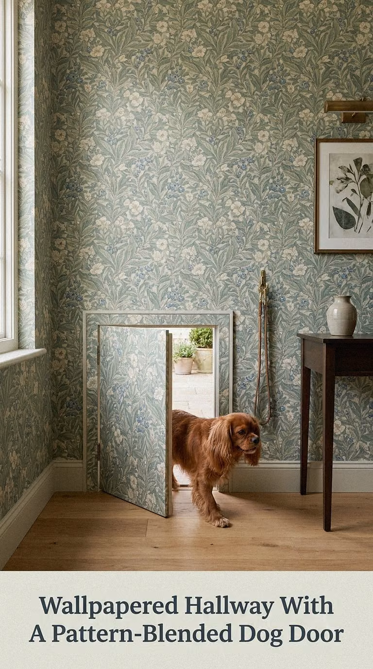 Wallpapered Hallway With A Pattern-Blended Dog Door