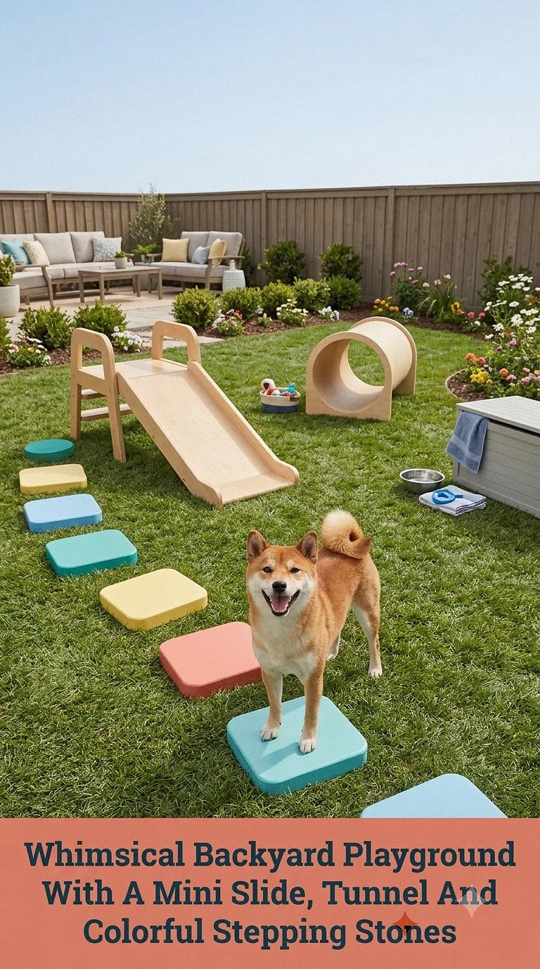 Whimsical Backyard Playground With A Mini Slide, Tunnel And Colorful Stepping Stones