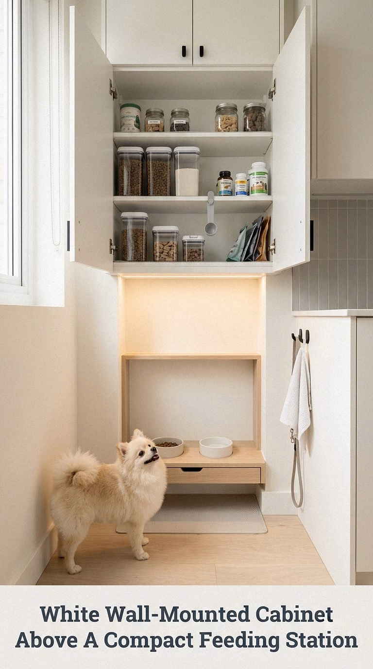 White Wall-Mounted Cabinet Above A Compact Feeding Station