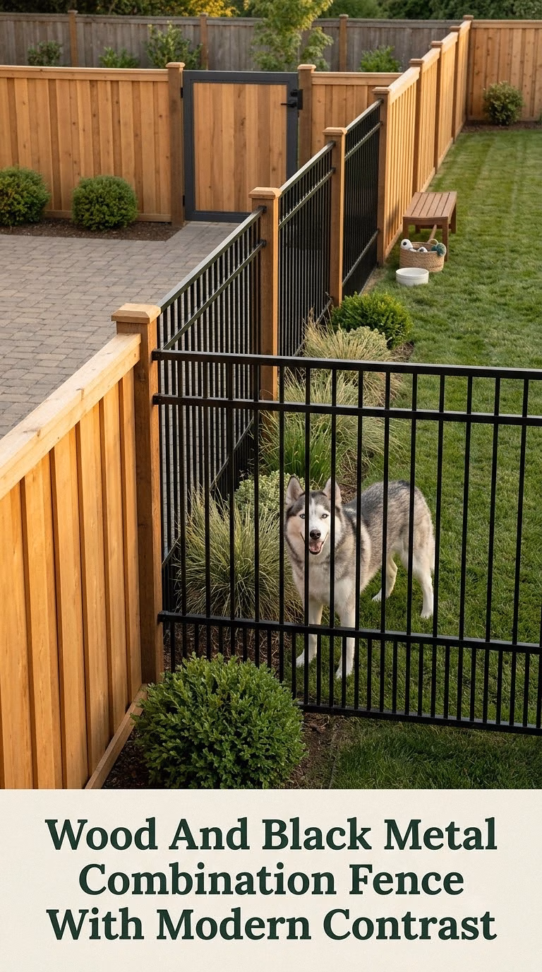 Wood And Black Metal Combination Fence With Modern Contrast