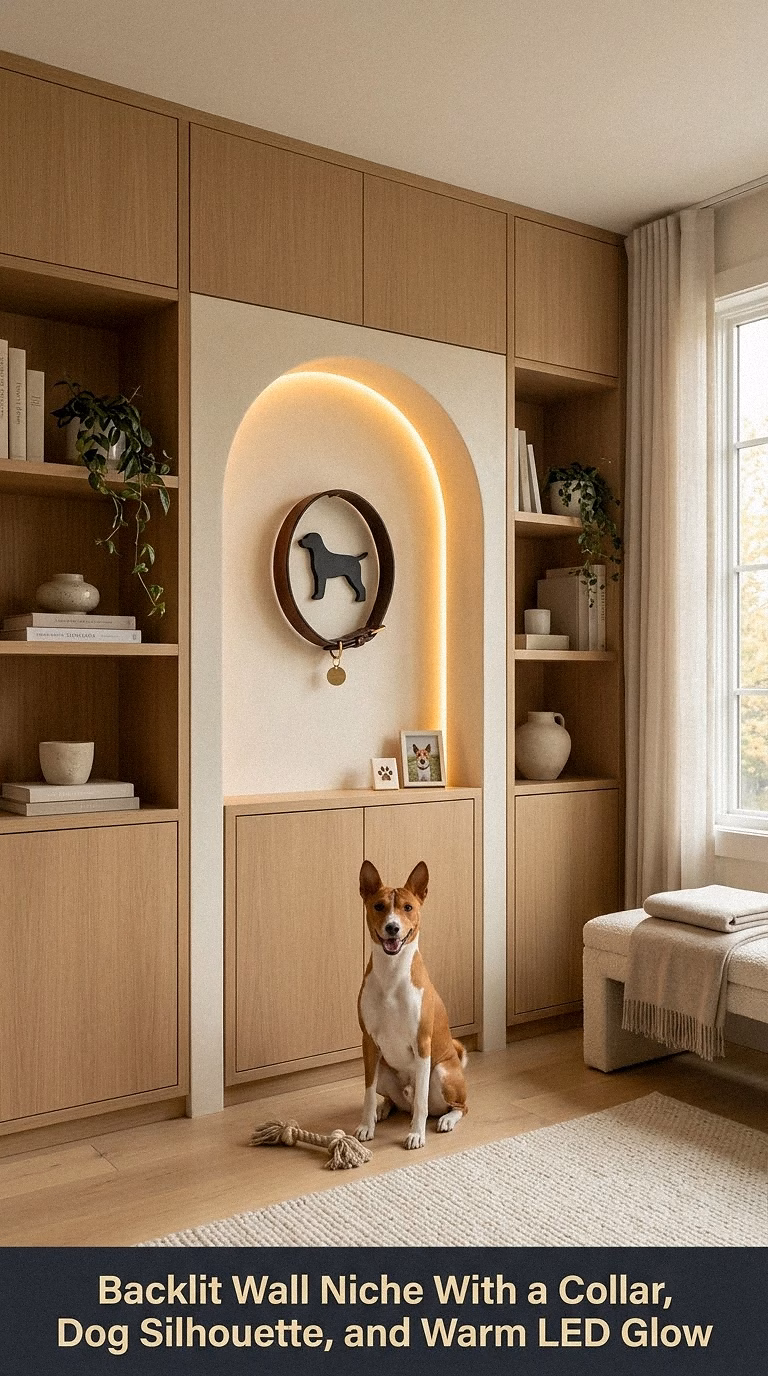 14. Backlit Wall Niche With a Collar, Dog Silhouette, and Warm LED Glow