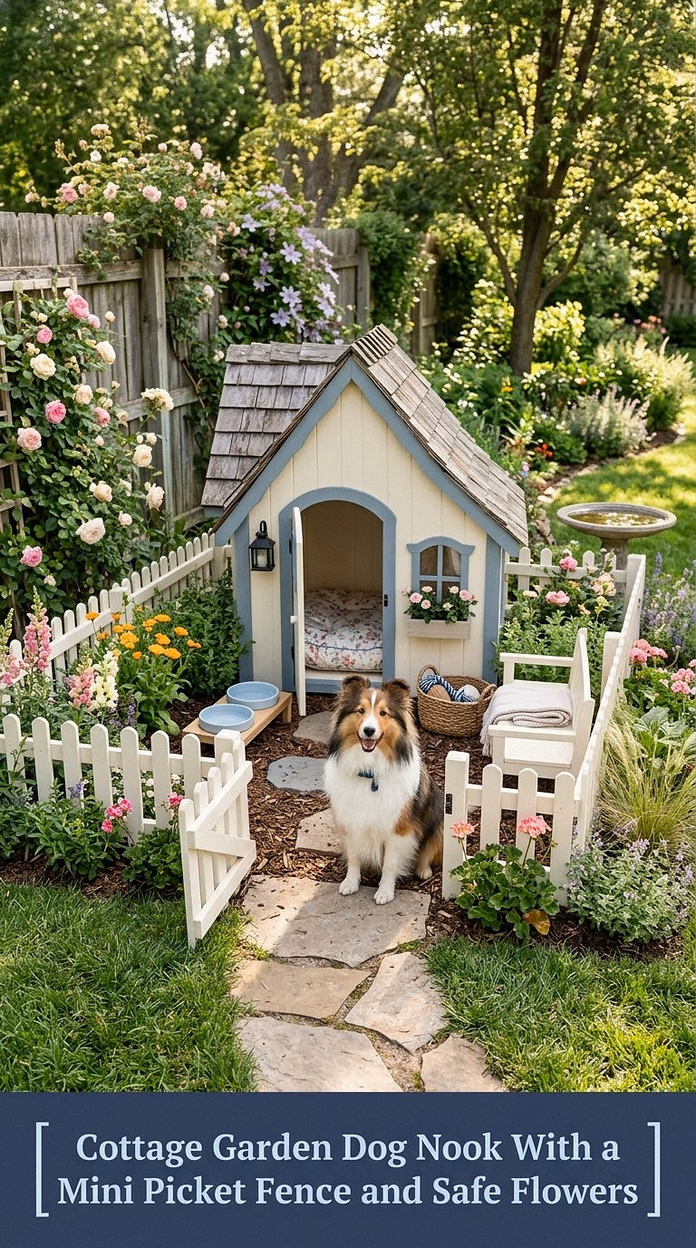 14. Cottage Garden Dog Nook With a Mini Picket Fence and Safe Flowers