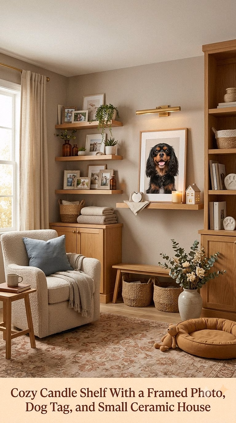 14. Cozy Candle Shelf With a Framed Photo, Dog Tag, and Small Ceramic House