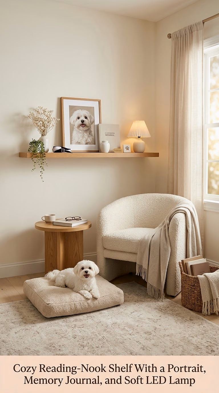 14. Cozy Reading-Nook Shelf With a Portrait, Memory Journal, and Soft LED Lamp