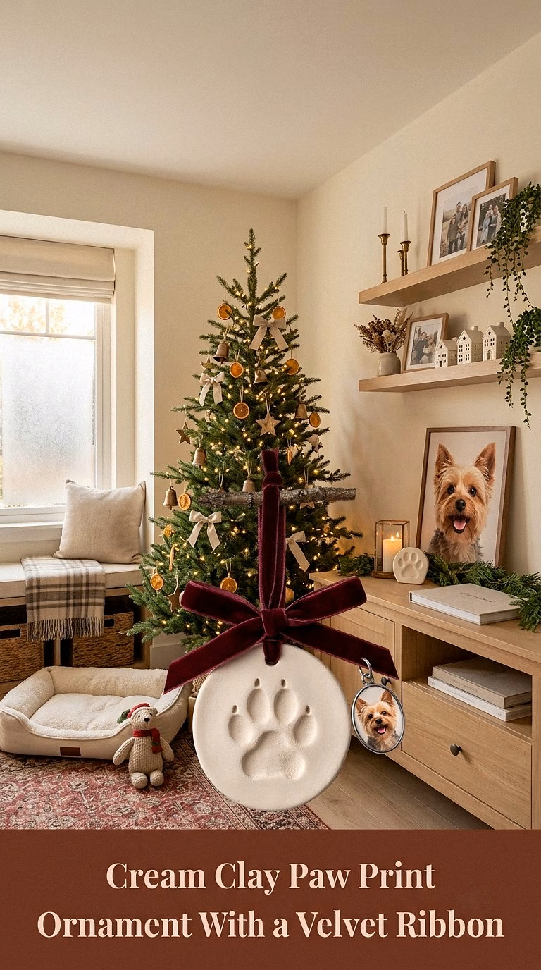 14. Cream Clay Paw Print Ornament With a Velvet Ribbon