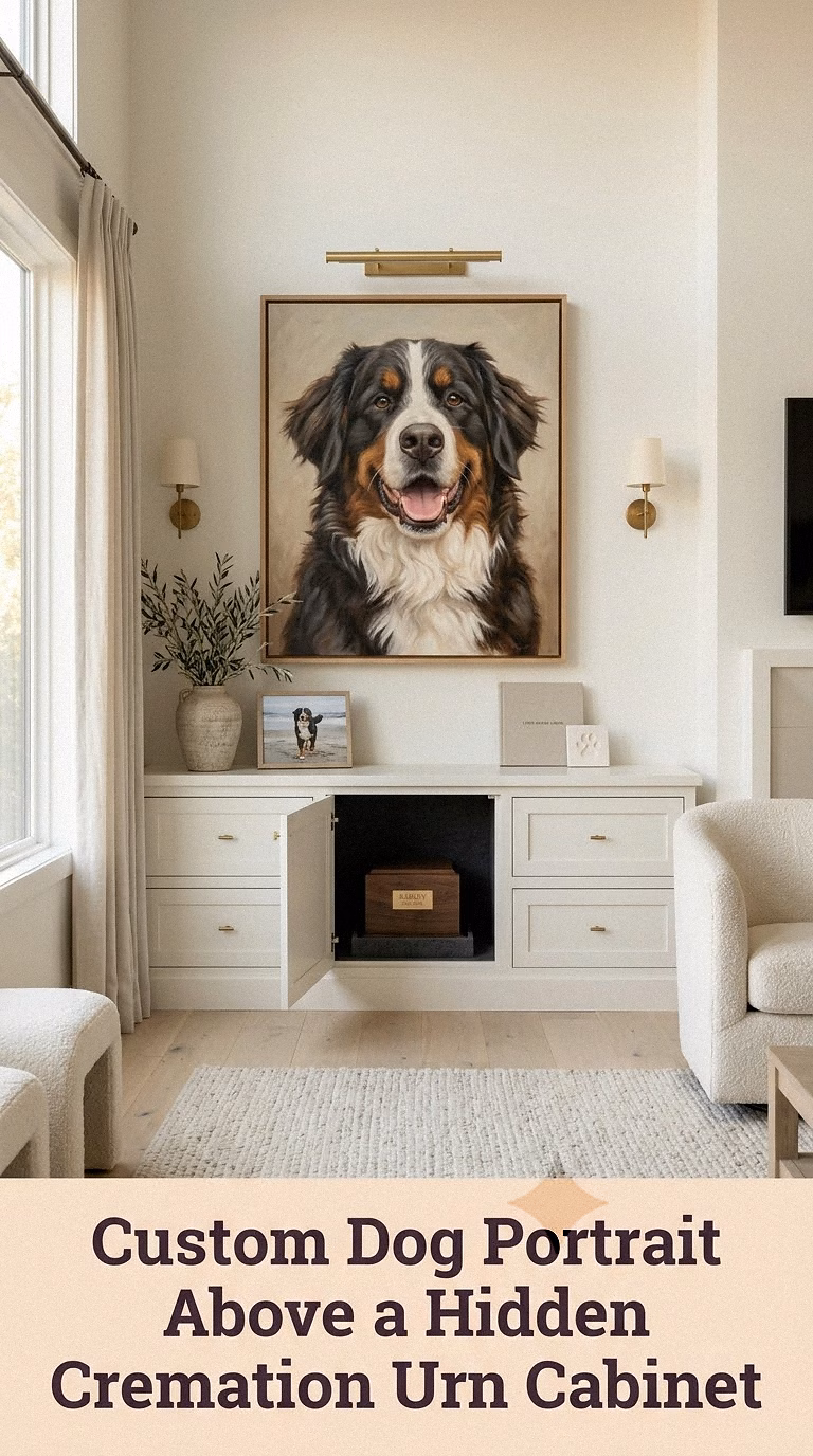 14. Custom Dog Portrait Above a Hidden Cremation Urn Cabinet