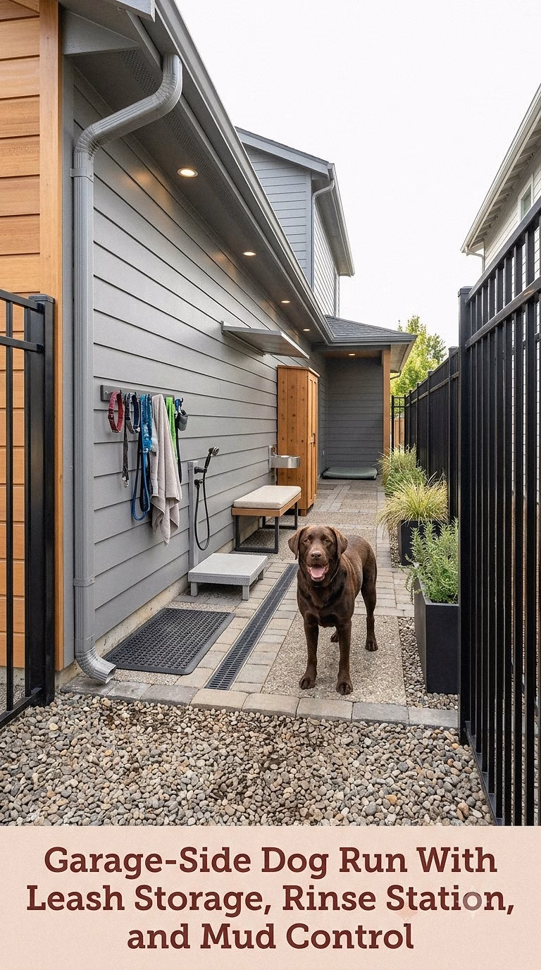 14. Garage-Side Dog Run With Leash Storage, Rinse Station, and Mud Control