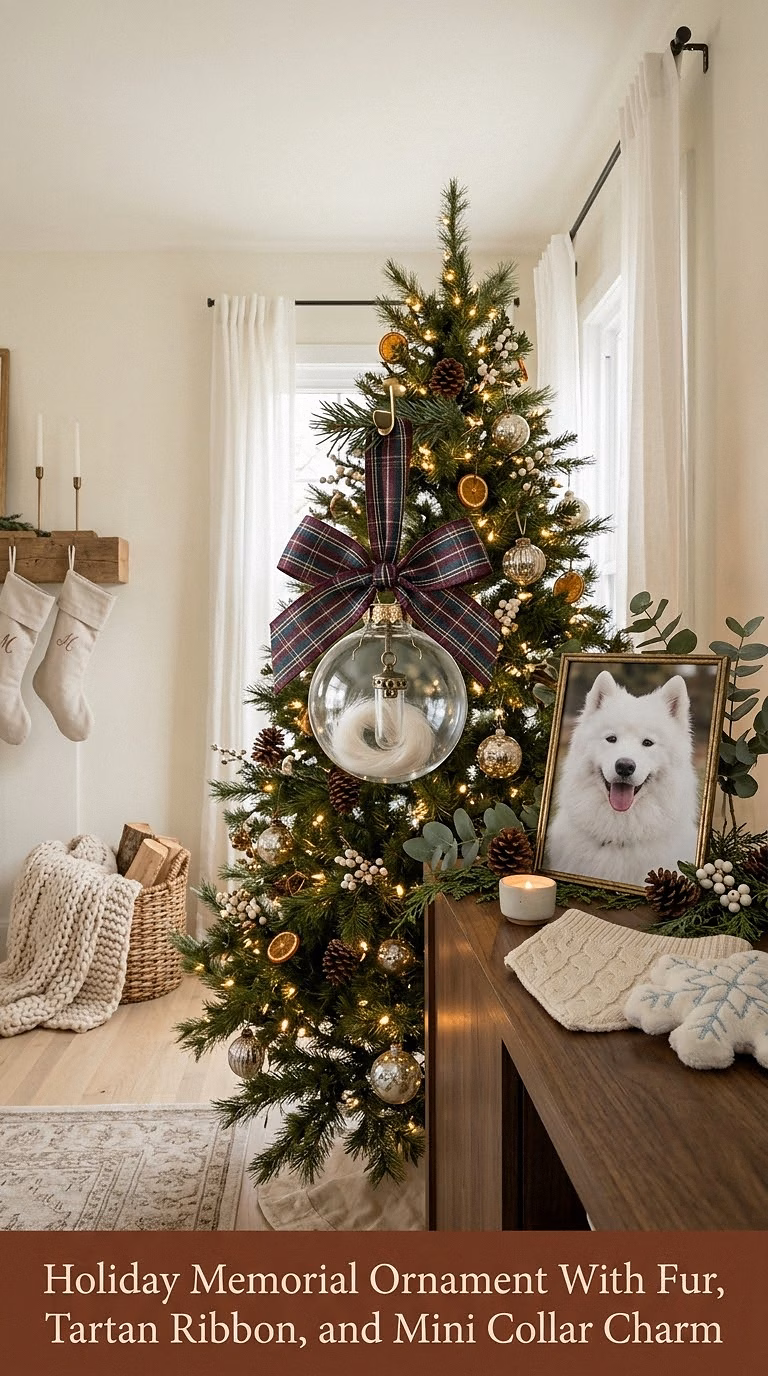 14. Holiday Memorial Ornament With Fur, Tartan Ribbon, and Mini Collar Charm