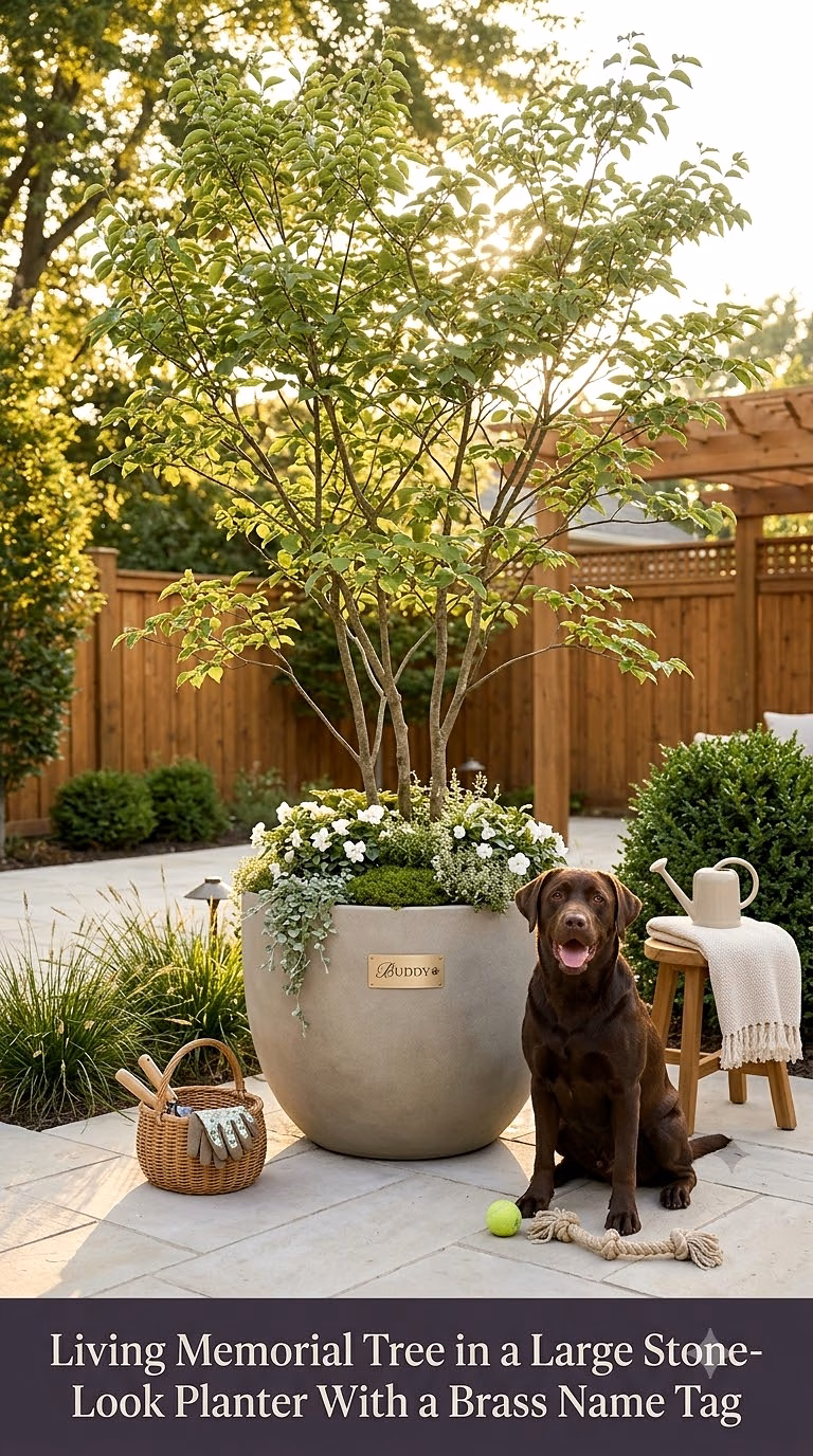 14. Living Memorial Tree in a Large Stone-Look Planter With a Brass Name Tag