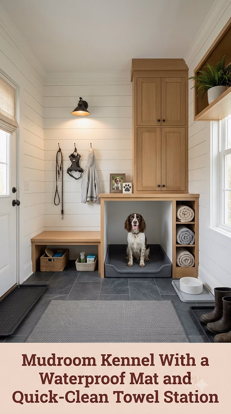 14. Mudroom Kennel With a Waterproof Mat and Quick-Clean Towel Station