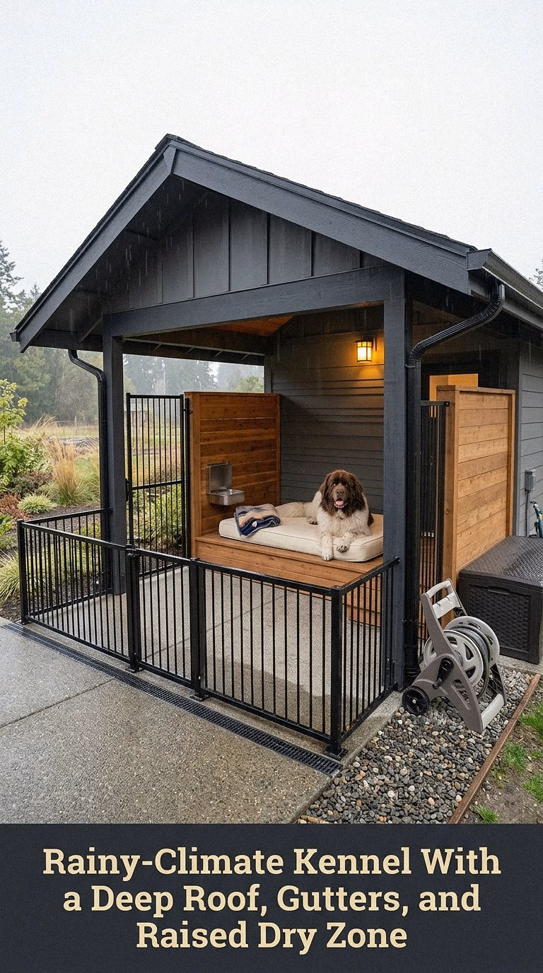 14. Rainy-Climate Kennel With a Deep Roof, Gutters, and Raised Dry Zone