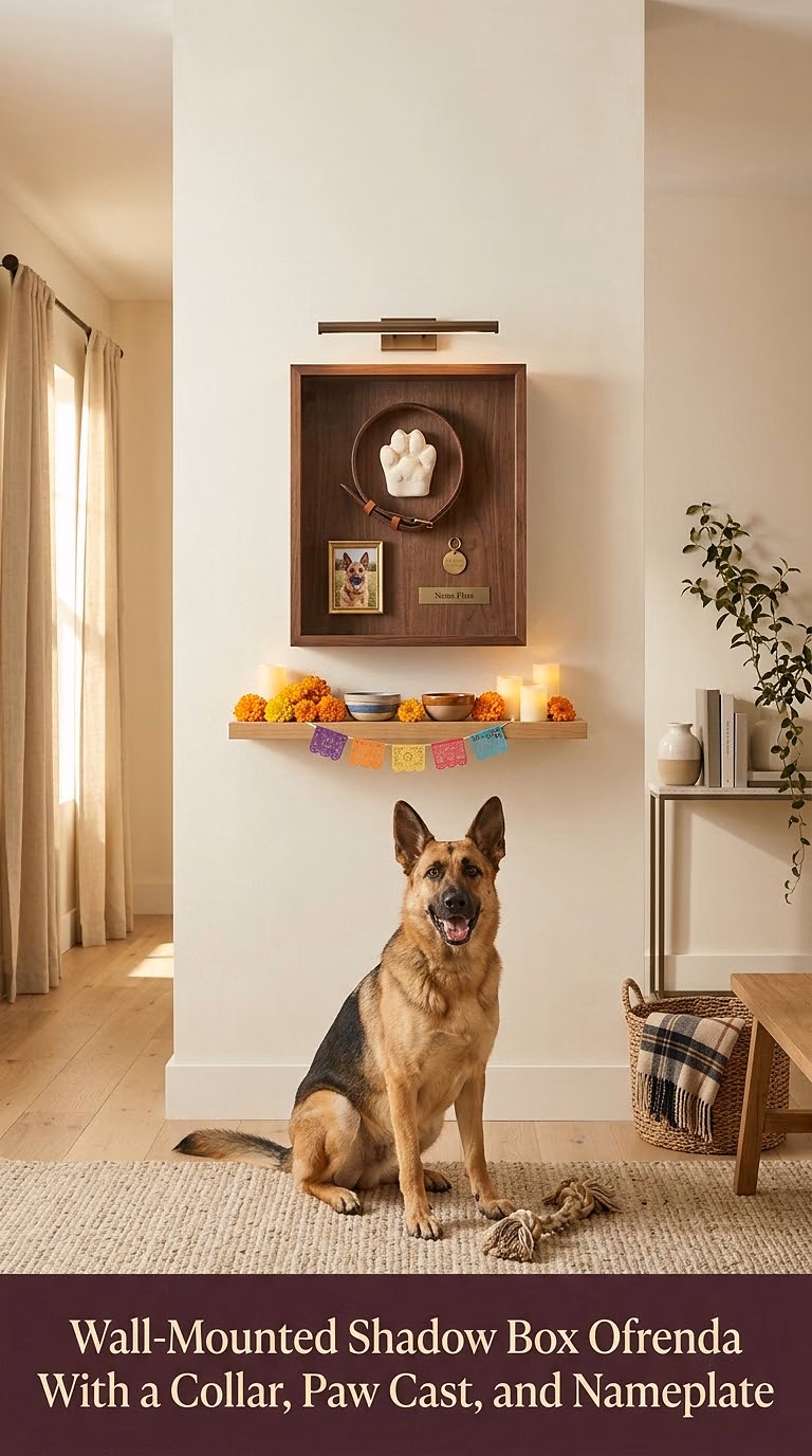 14. Wall-Mounted Shadow Box Ofrenda With a Collar, Paw Cast, and Nameplate