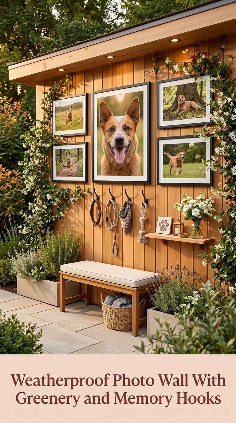 14. Weatherproof Photo Wall With Greenery and Memory Hooks
