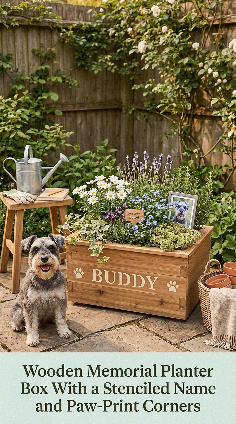 14. Wooden Memorial Planter Box With a Stenciled Name and Paw-Print Corners