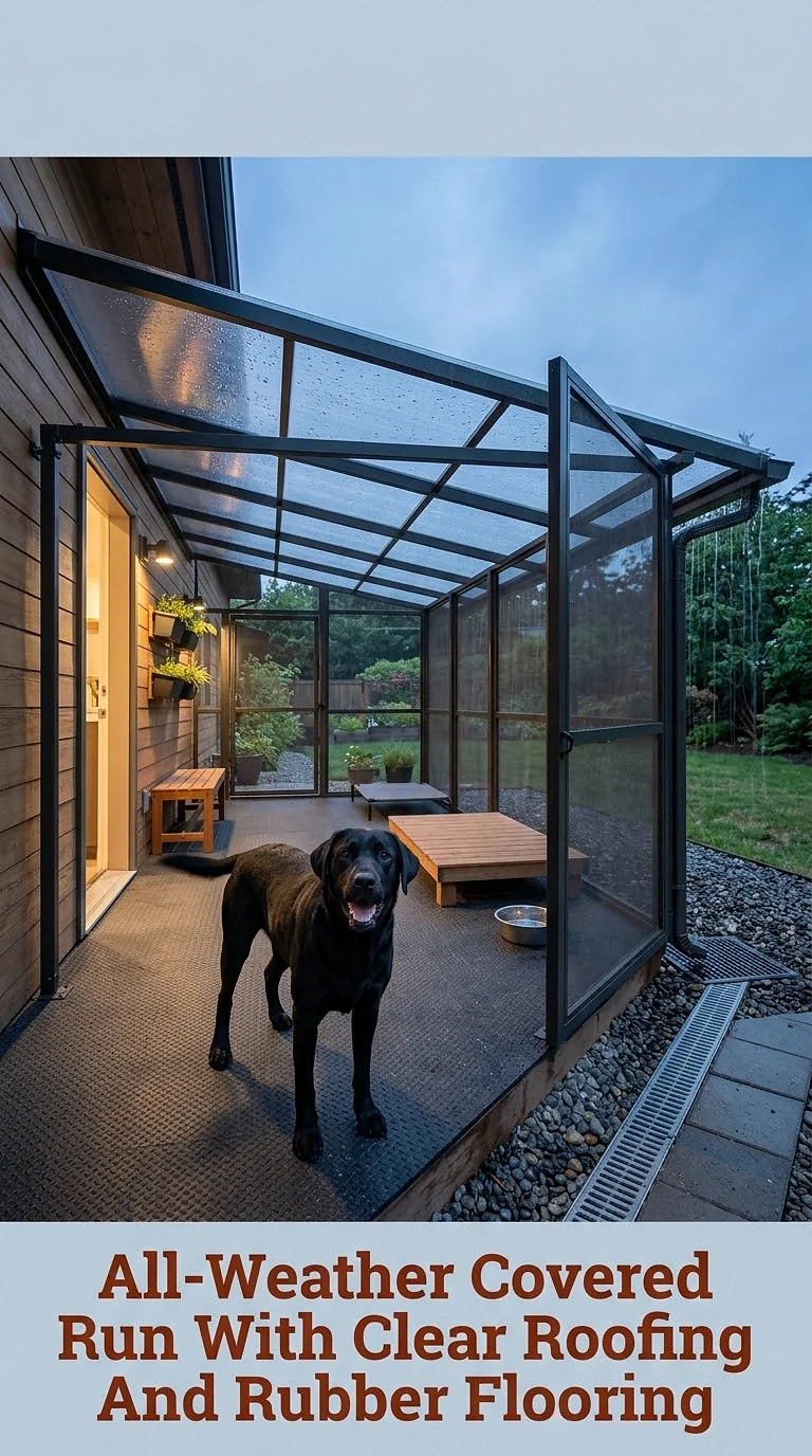 All-Weather Covered Run With Clear Roofing And Rubber Flooring